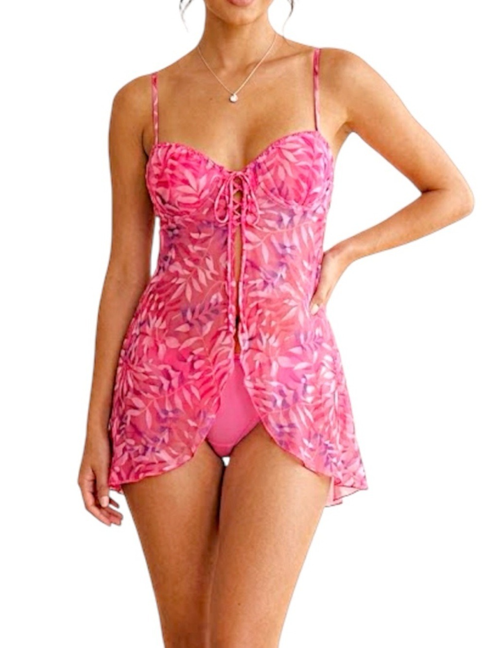 Vintage pink purple leaf print chiffon lace up bustier chemise M